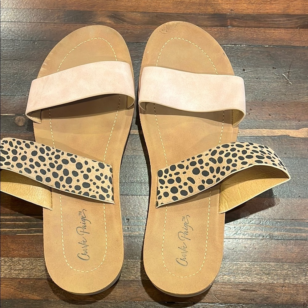 Charlie Paige Pink and Tan Sandals with Animal Print